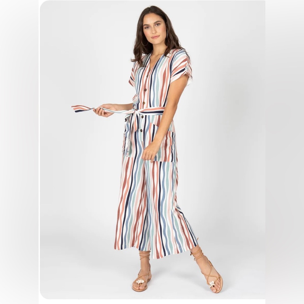 Heroes & Dreamers Striped Button Front V Neck Linen Blend Jumpsuit Size Medium